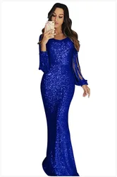 Women's Autumn Winter Elegant Ladies New Long Dress Evening Gown Lantern Sleeve Sequin Tassel Dinner Party Dress