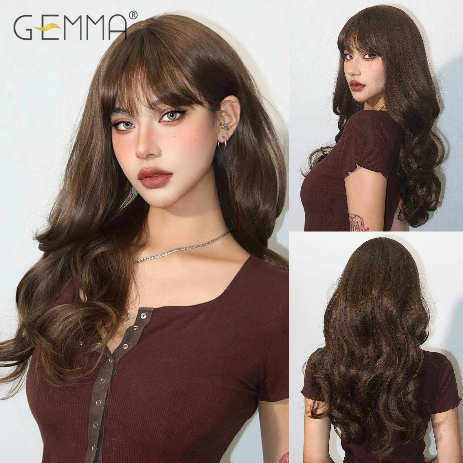 

Synthetic Golden Brown Long Natural Wavy Wig with Bangs for Women Chestnut Brown Cosplay Daily Hair Wig Heat Resistant Fibre