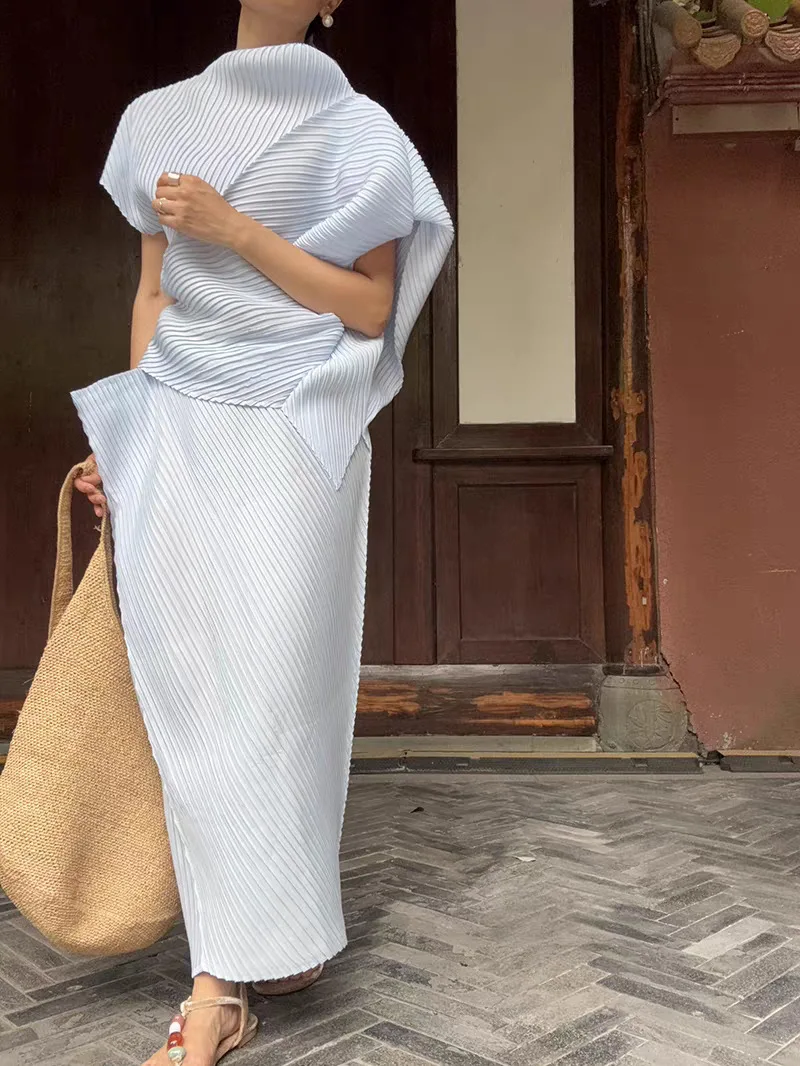 Pleated T-Shirt 2026 Summer New Japane Irregular Cut Pile Collar Top Simple Fashion Lightweight Wrinkle-Free Women Skirt