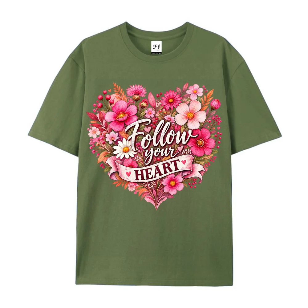 Women Floral Heart Graphic T Shirt Follow Your Heart Print Casual Short Sleeve Summer Top Romantic Aesthetic