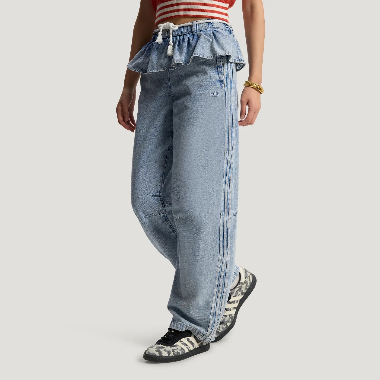 Adidas Originals Women's 3-Stripes Two-In-One Loose Breathable Lightweight Straight Leg Casual Versatile Jeans KT3051