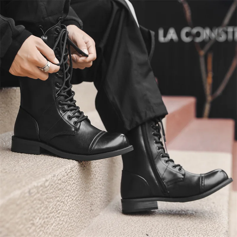 Mens Casual Stage Nightclub High Knight Boots Lace-Up Natural Leather Shoes Black Trendy Cowboy Boot Cool Long Motorcycle Botas