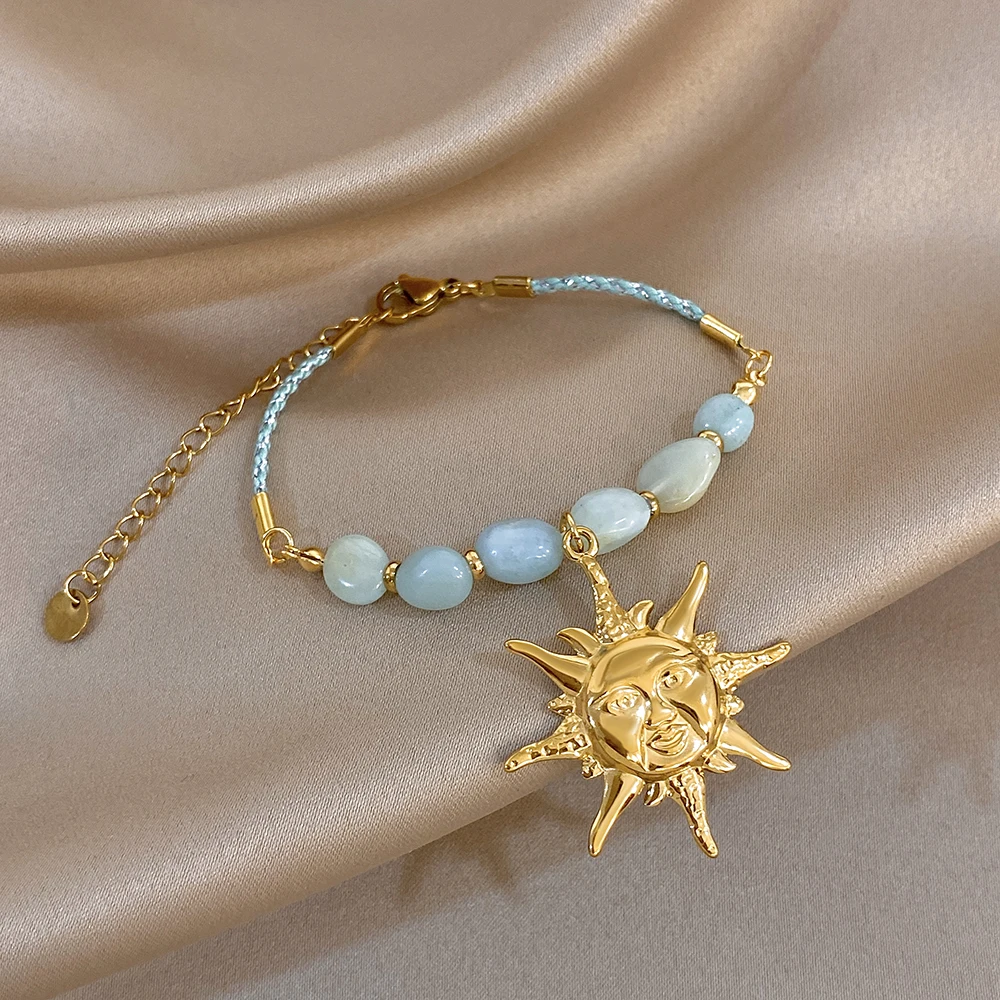 Bohemian Gold Plated Sun Face Charm Pendant Necklace Bracelet Set For Women Natural Blue Bead Braided Rope Jewelry Set Gift