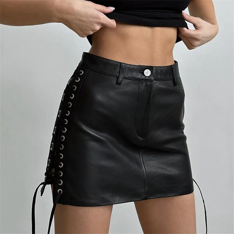 

2024 New PU Leather Skirt Strap Split Half Skirt Women's Sexy Black Short Wrapped Hip Half Skirt