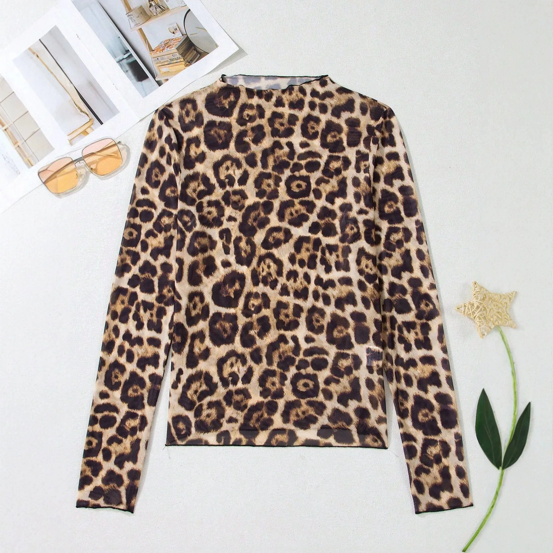 Women's Autumn Mesh Turtleneck Slim Fit Long Sleeve T-shirt Casual Women's Blouse T-shirt Woman Tops Mesh Sheer Boho Style view 3