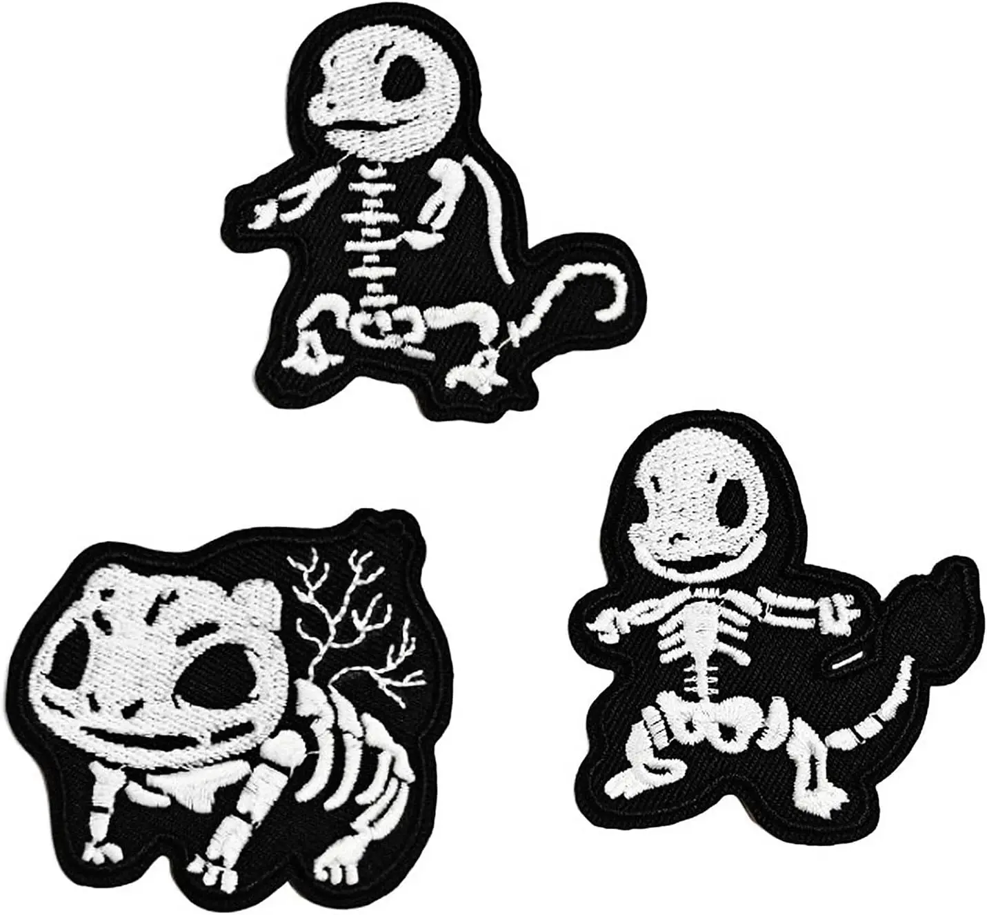 3er-Set Schwarz-Weiß Totenkopf-Dinosaurier Aufbügel-Patch, bestickte Aufbügel-/Näh-Reparatur-Applikation, DIY-Reparaturzubehör – Detail 1