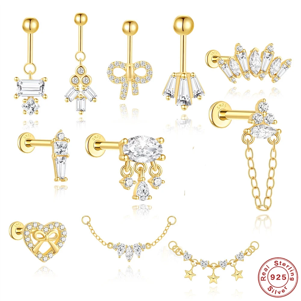 AIDE 925 Sterling Silver Women Zircon Crown Flat Head Threaded Piercing Earring Female Gold DIY Handmake Body Piercing Studs 1pc