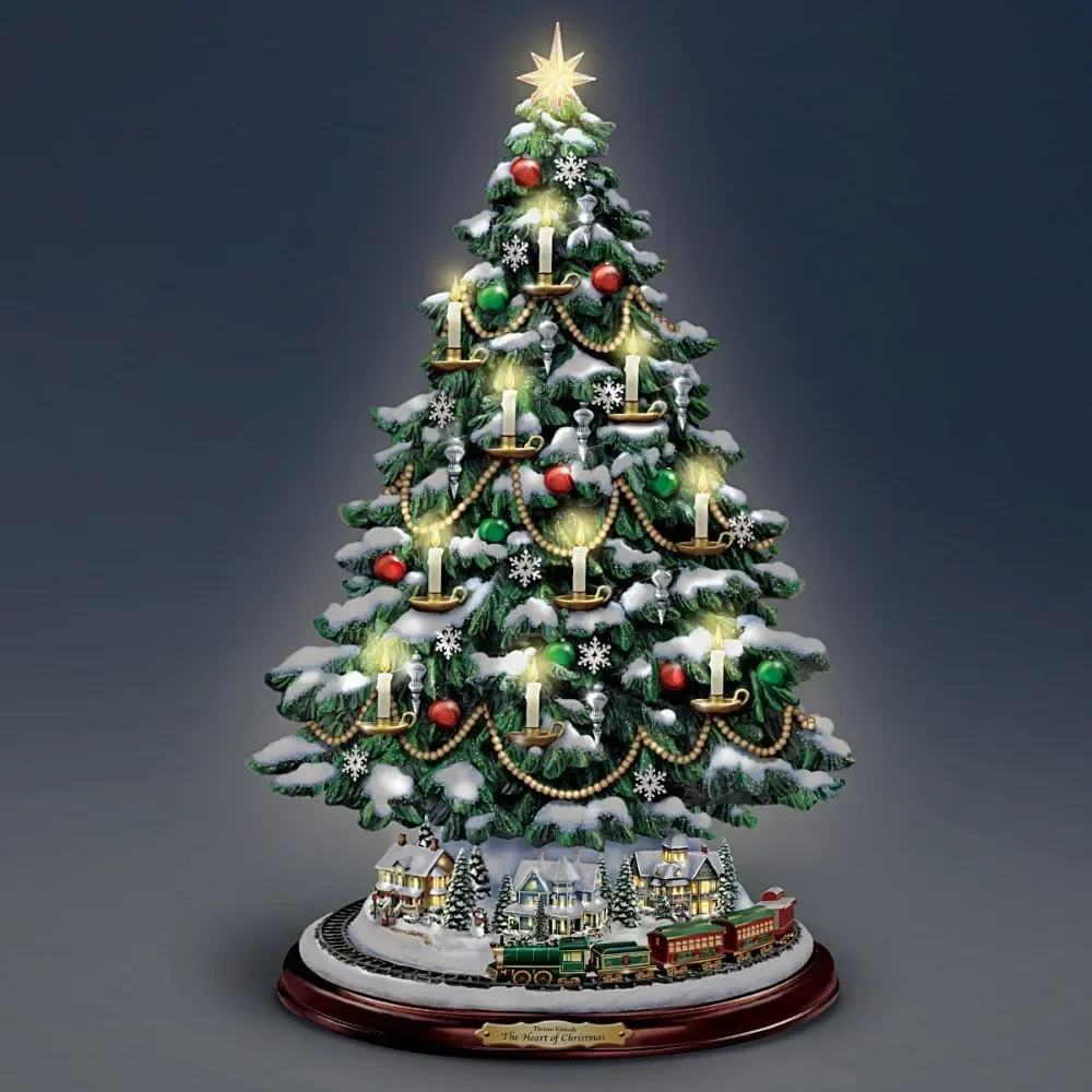 Christmas Tree, Thomas Kinkade Tabletop Tree with Lights, Motion and Music with Real Beaded Garland for Home, Christmas Tree