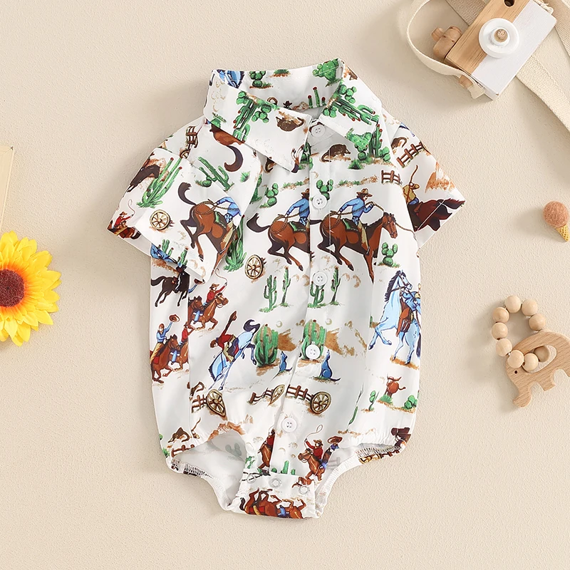 Western Baby Boy Clothes Cow Print Romper Dress Shirt Short Sleeve Button Down Bodysuit Top Cowboy Summer Outfits