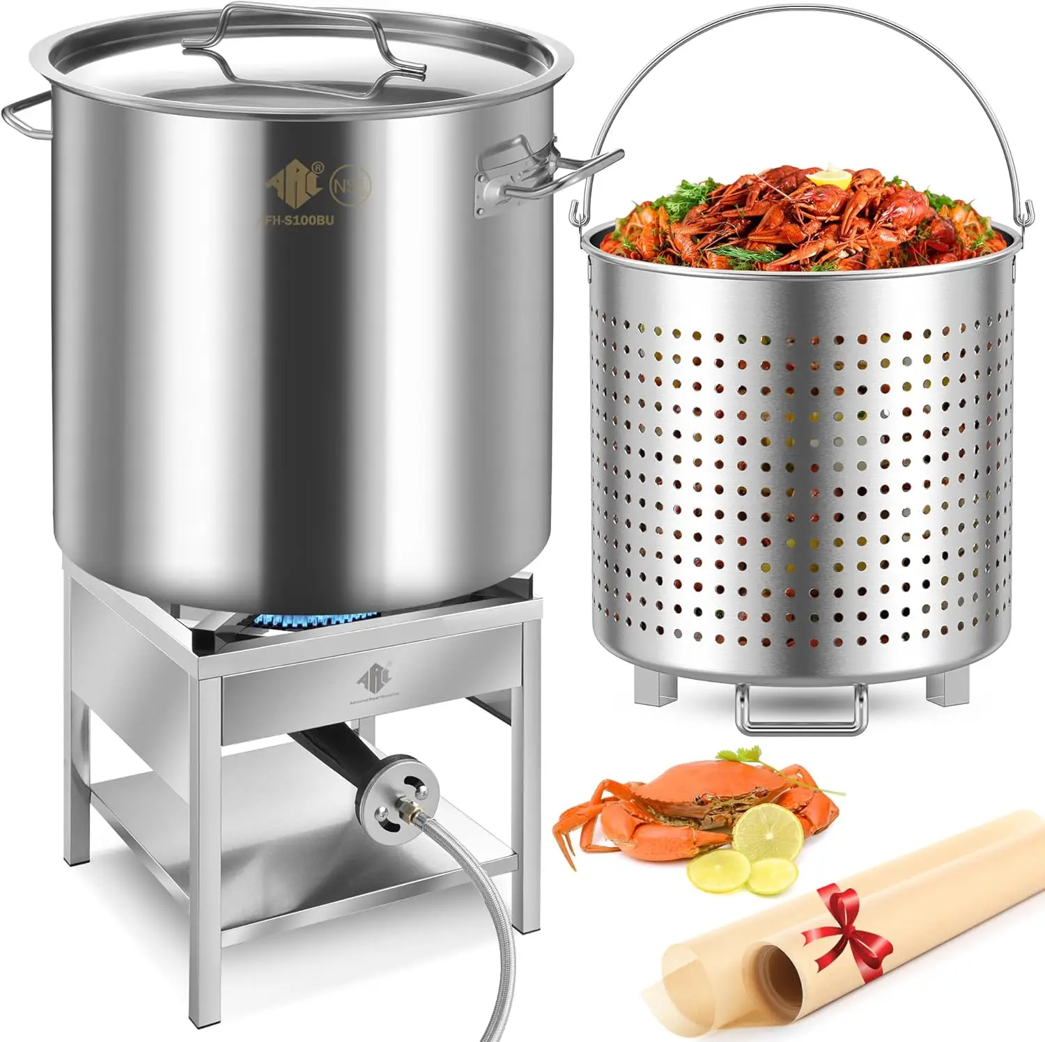 Arc 100Qt Stainless Steel Seafood Boil Pot With 200,000Btu Propane Burner, W/Basket For Outdoor Deep Fryer, Large Cooking Pot