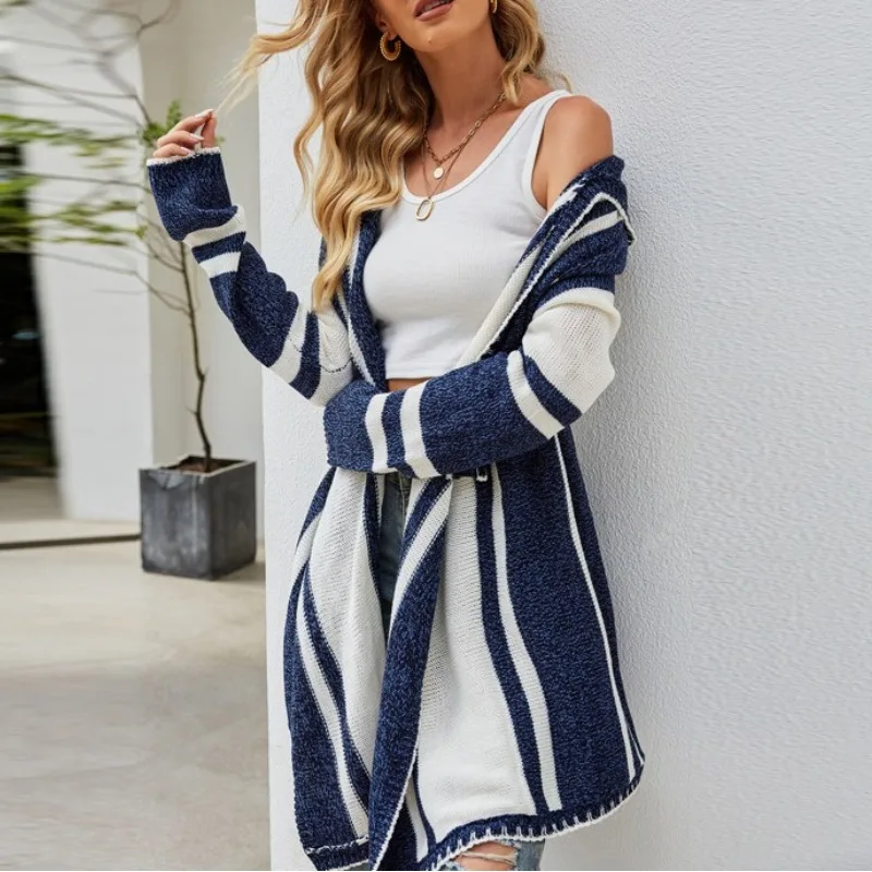 Women\'s Autumn and Winter Fashion Elegant Hooded Stripe Contrast Irregular Long Sleeve Loose Sweater Knitted Cardigan Coat Tops