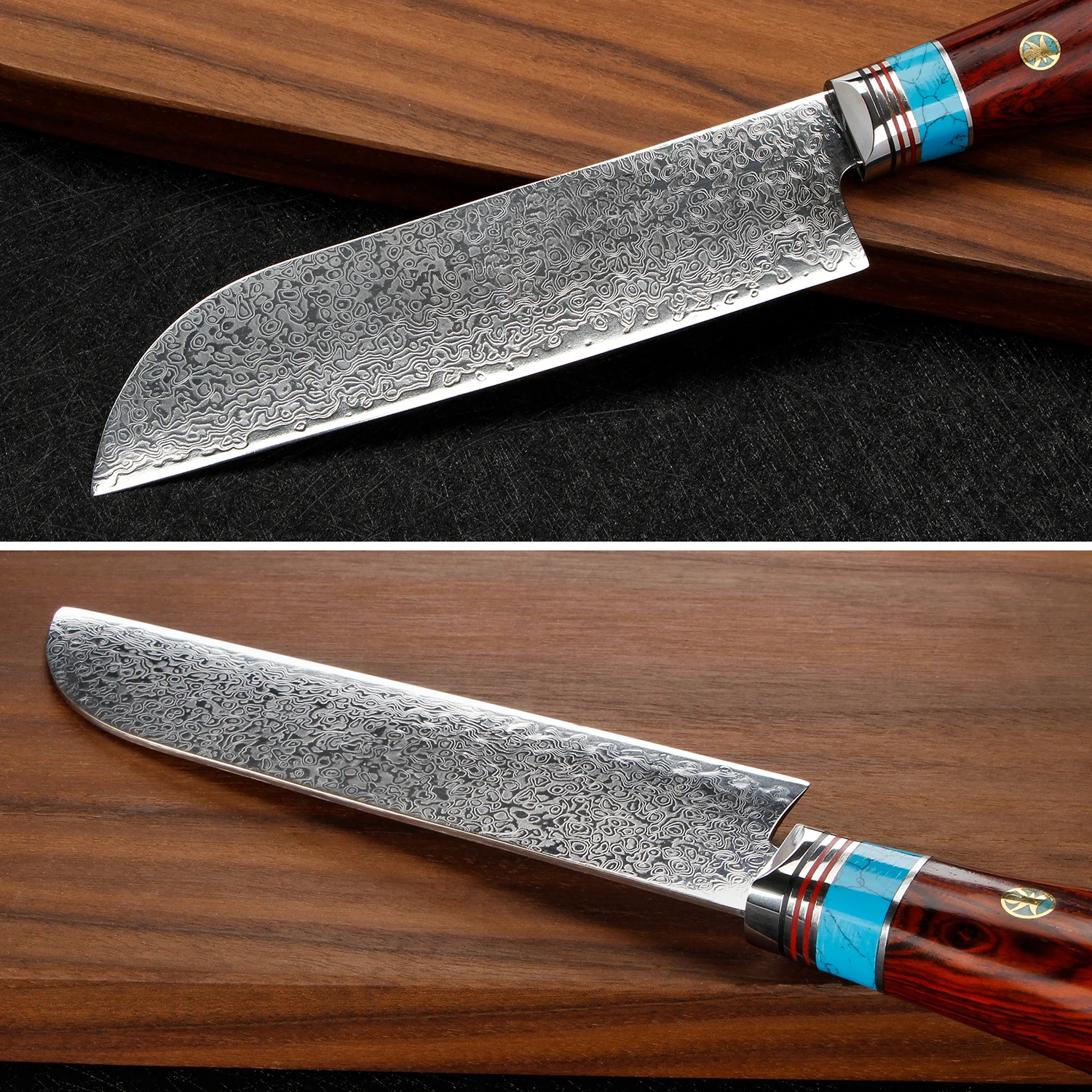 WILDMOK Handmade Damascus Steel 6.6 Inch Santoku Knife, Forged Kitchen Knife, Vintage Yellow Sandalwood Handle for Multi-food