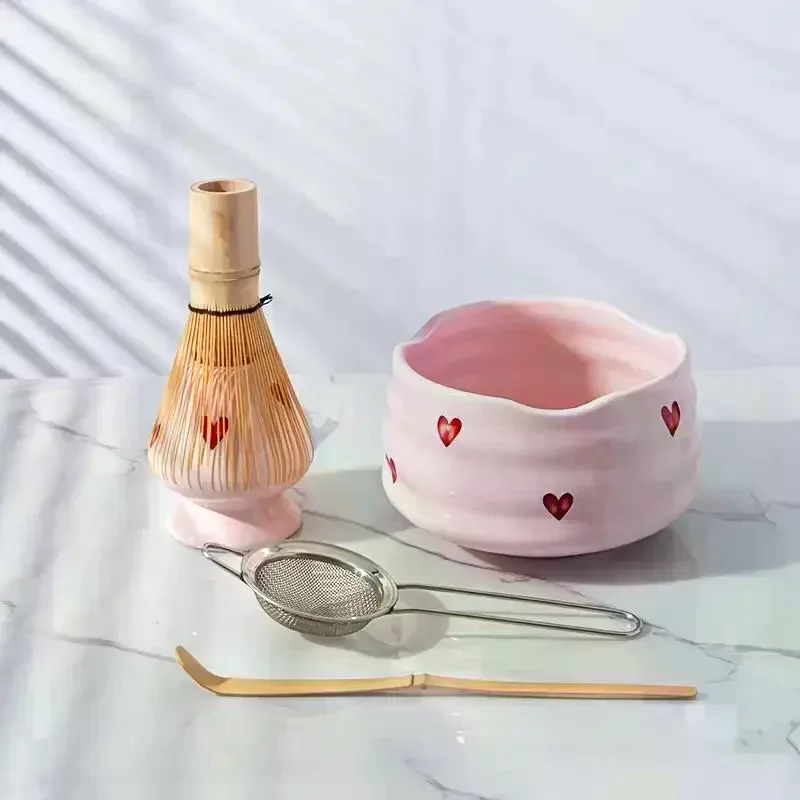 2/4/5pcs Heart Decal Ceramic Matcha Set, Cute Matcha Set Includes Matcha Bowl, Matcha Whisk And Holder, Bamboo Scoop, Sifter