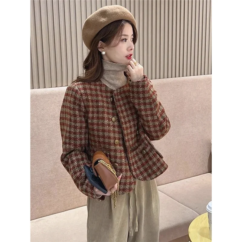 

Tweed Jacket English Style Womens Autumn Edgy V-Neck Puffer Wide Belted Overlong Matching Unique Stitched Glossy Pockets College