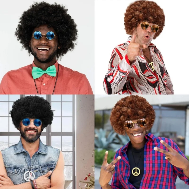 3 pièces ensemble de perruques Halloween Cosplay fête Festival Hippie perruque lunettes de soleil collier ensemble unisexe Hip Hop Costume accessoire cheveux bouclés perruque chapeau