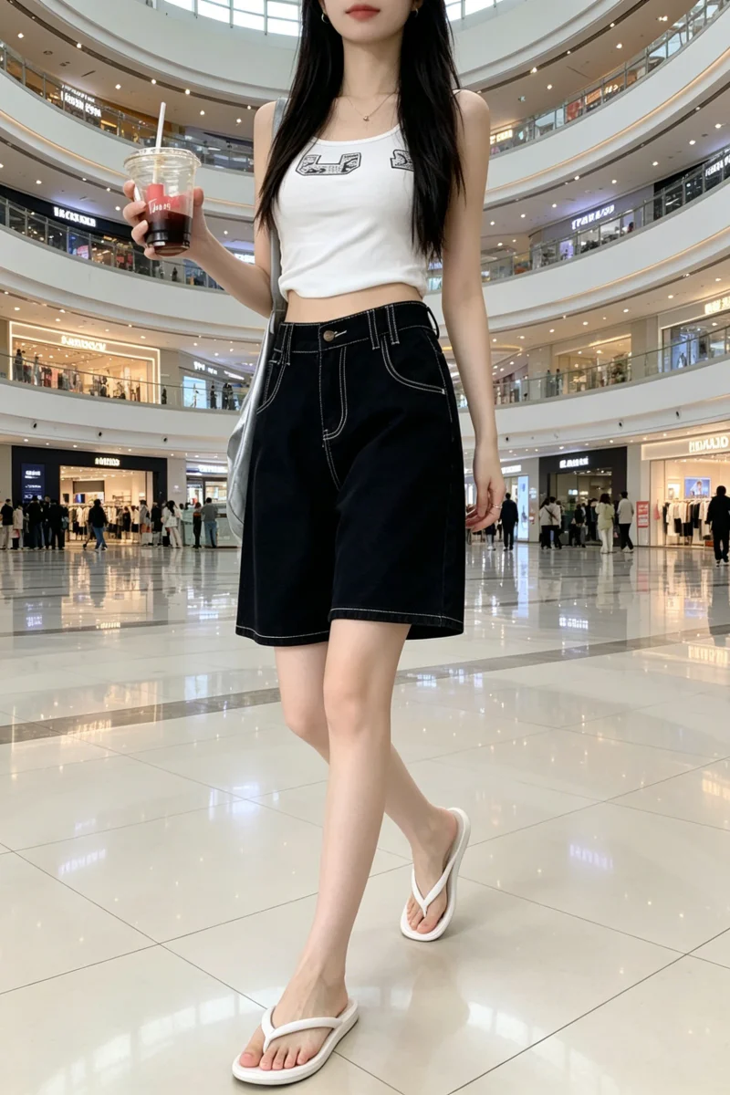 

Women's High Waist Straight Leg Jeans Shorts Black Washed Wide Leg Pants Summer New Style Versatile Slimming Five-Quarter Length