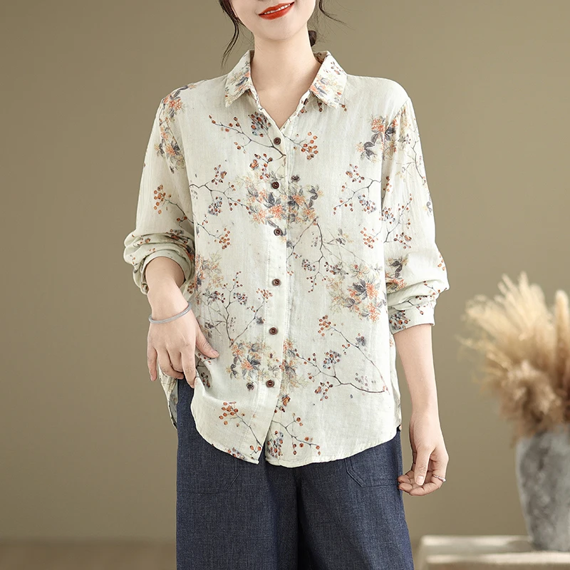 

Retro Artistic Print Cotton Linen Long Sve irt Women's Casual Loose Age-Defng Spring Autumn New Sle Top