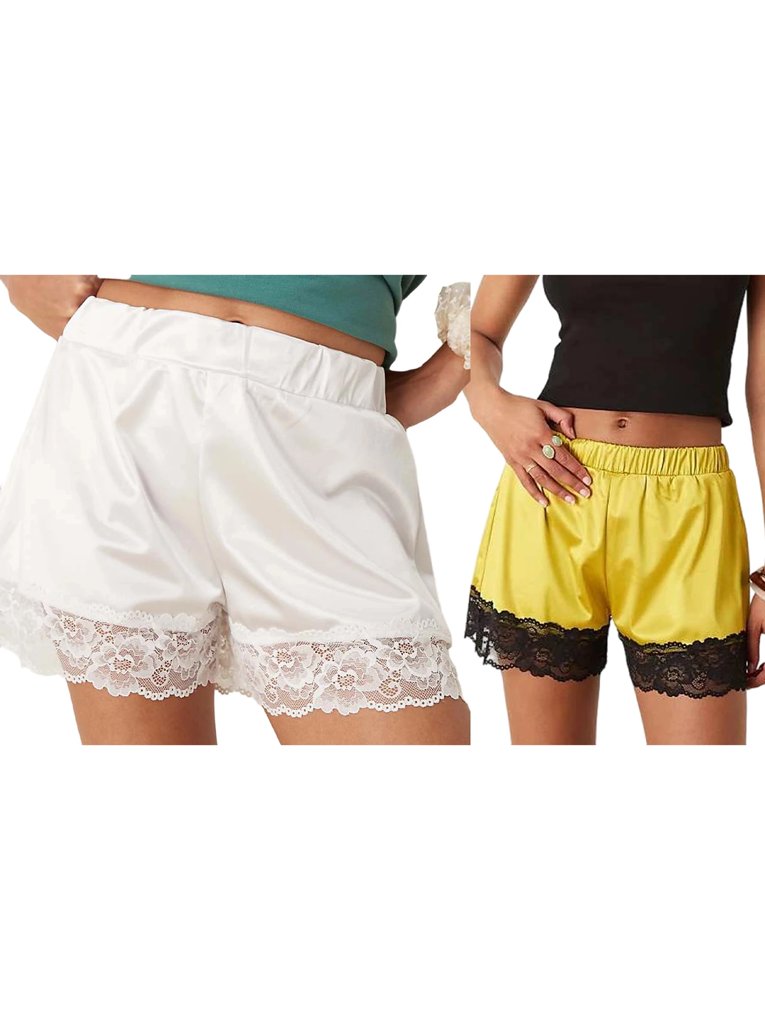 Pantaloncini pigiama da donna in seta con delicato bordo in pizzo, comoda cintura elastica, mutandine francesi per abbigliamento da casa