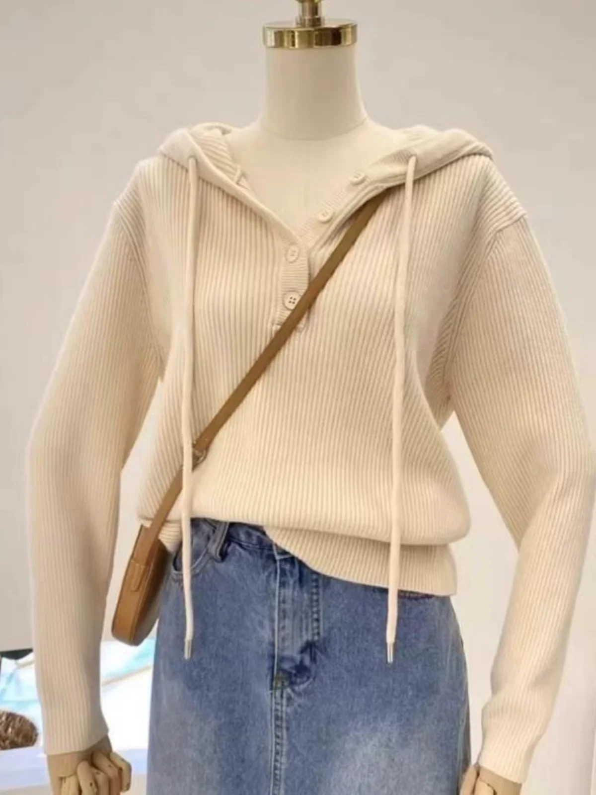 فضفاض محبوك قاعدة irt المرأة الخريف Sle بسيط f زرر مقنعين سترة الرباط تخفيف فضفاضة تناسب طويلة Sve #2