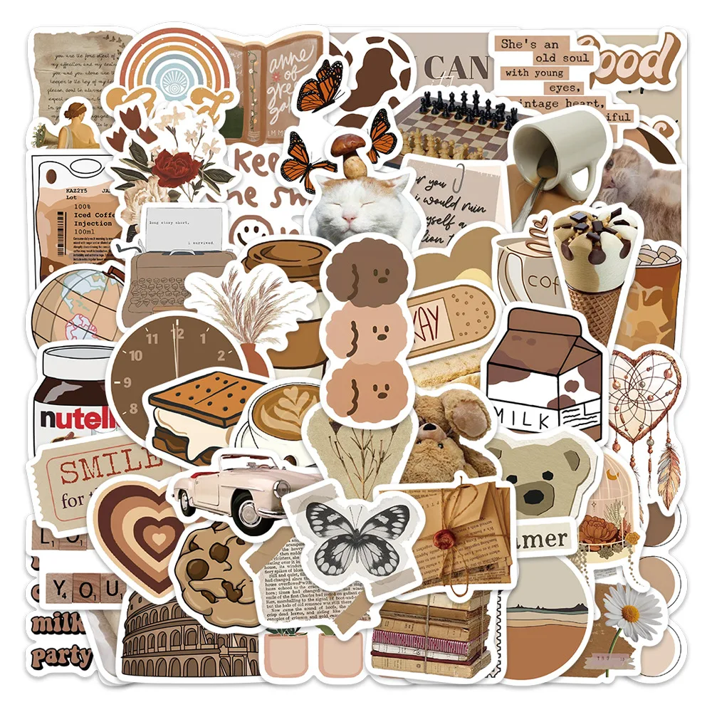 

60PCS Aesthetic Brown Coffee Stickers Vintage Aesthetic Cartoon Style DIY Decorative Laptop Luggage Waterproof Stickers Kids Toy