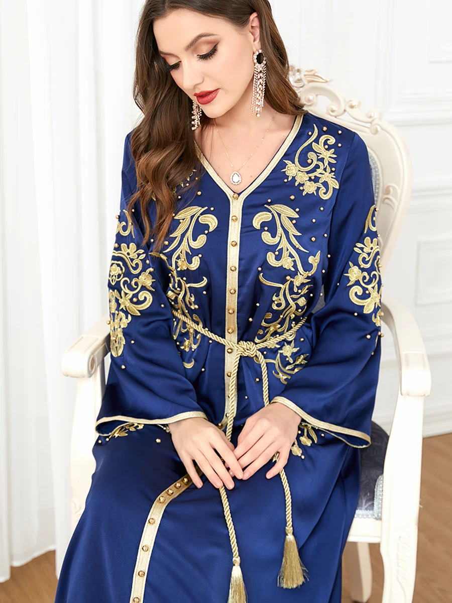 Deep Blue Moroccan Kaftan Gold Embroidery V-Neck Long Sleeve Dress