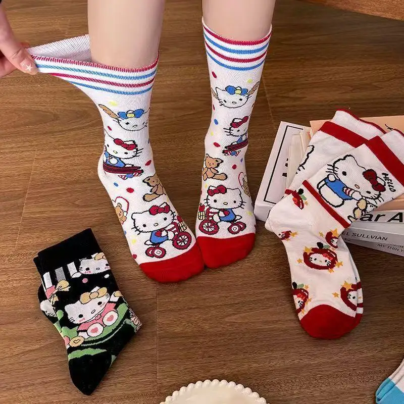 

Студенческие носки с героями мультфильмов «Hello Kitty» Sanrio Girl Kawaii, модные повседневные длинные носки на четыре сезона, дышащие милые трендовые 5 шт., новые