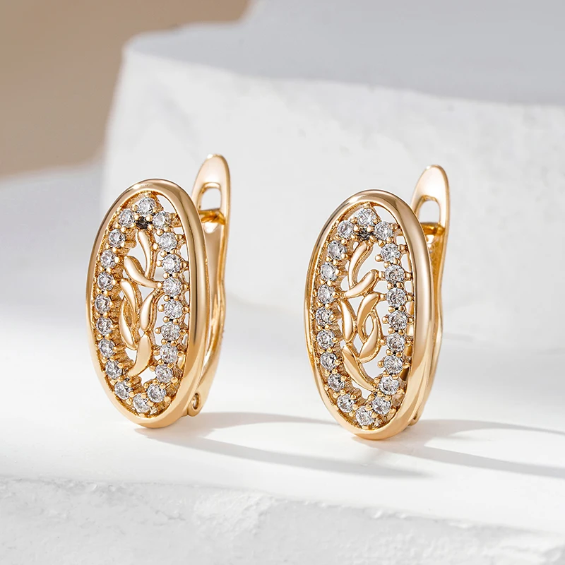Wbmqda Sparkling Hollow Oval Zircon Hoop Earrings For Women 585 Rose Gold Color Romance Fashion Wedding Party Jewelry Gift