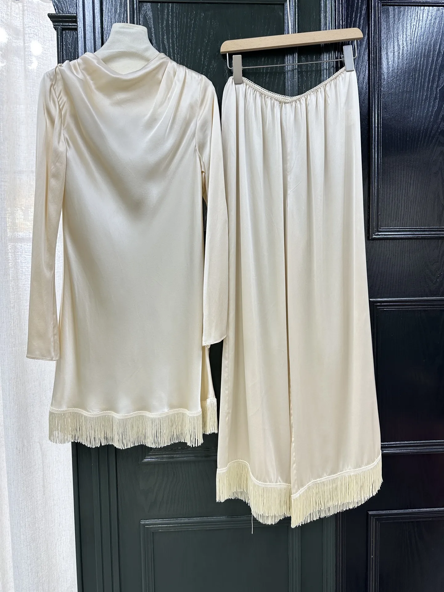 Women 100% Silk Satin Pants Suit Tassel Design Elastic Waist Straight Wide Leg Trousers + Long Sleeve Swinging Collar Pullover