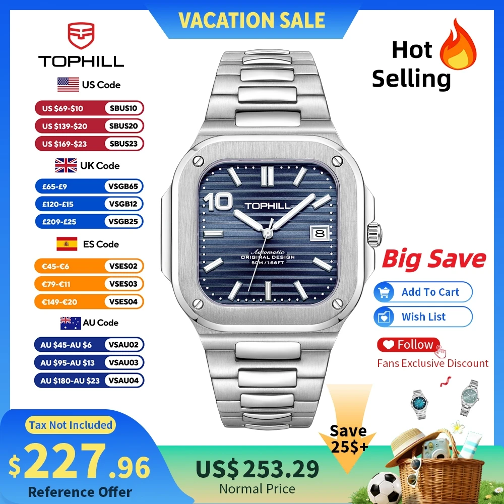 TOPHILL 39mm 사각형 자동 시계 기계식 초박형 케이스 9019 무브먼트 사파이어 5ATM 오일 압력 다이얼 DS-1 Lume TW089G