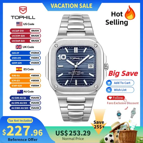 TOPHILL 39mm Square Automatic Watch Mechanical Ultra-Thin Case 9019 Movement Sapphire 5ATM Oil-Pressured Dial DS-1 Lume TW089G