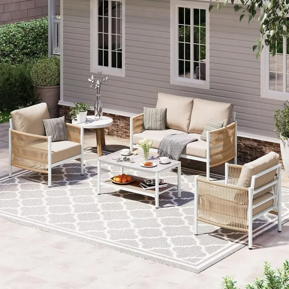 Outdoor Patio urniture Set with Dual-Layer Coee Table, 4 Piece ern Patio Contion Sets with PE Rope, Outdoor Sectional Soa with T