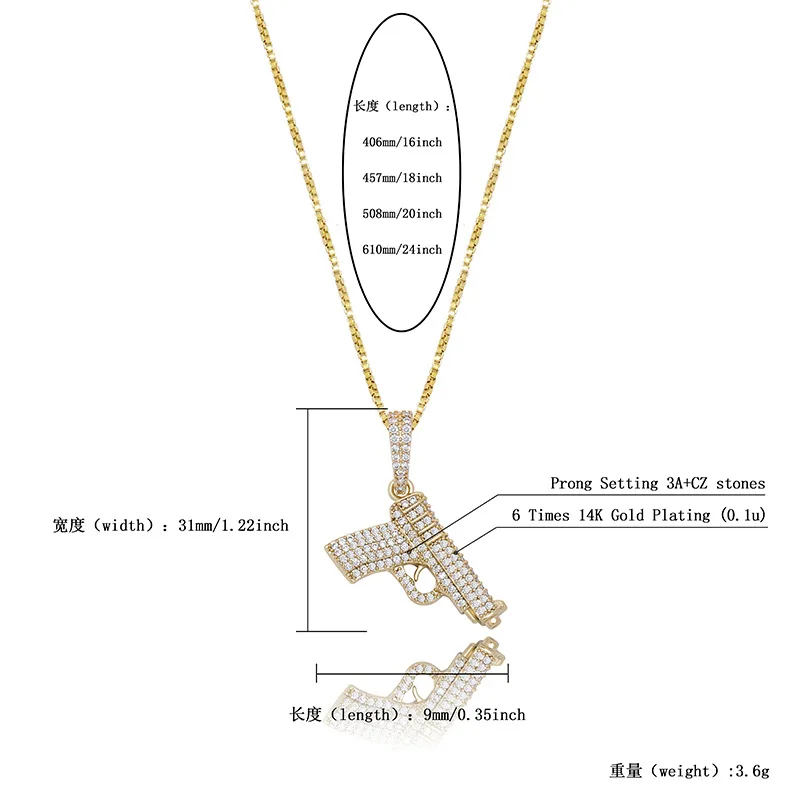 Micro Paved Cubic Zirconia S925 Sterling Silver Bling Ice Out CS GO Gun Pendants Necklaces for Women Men Hip Hop Fashion Jewelry