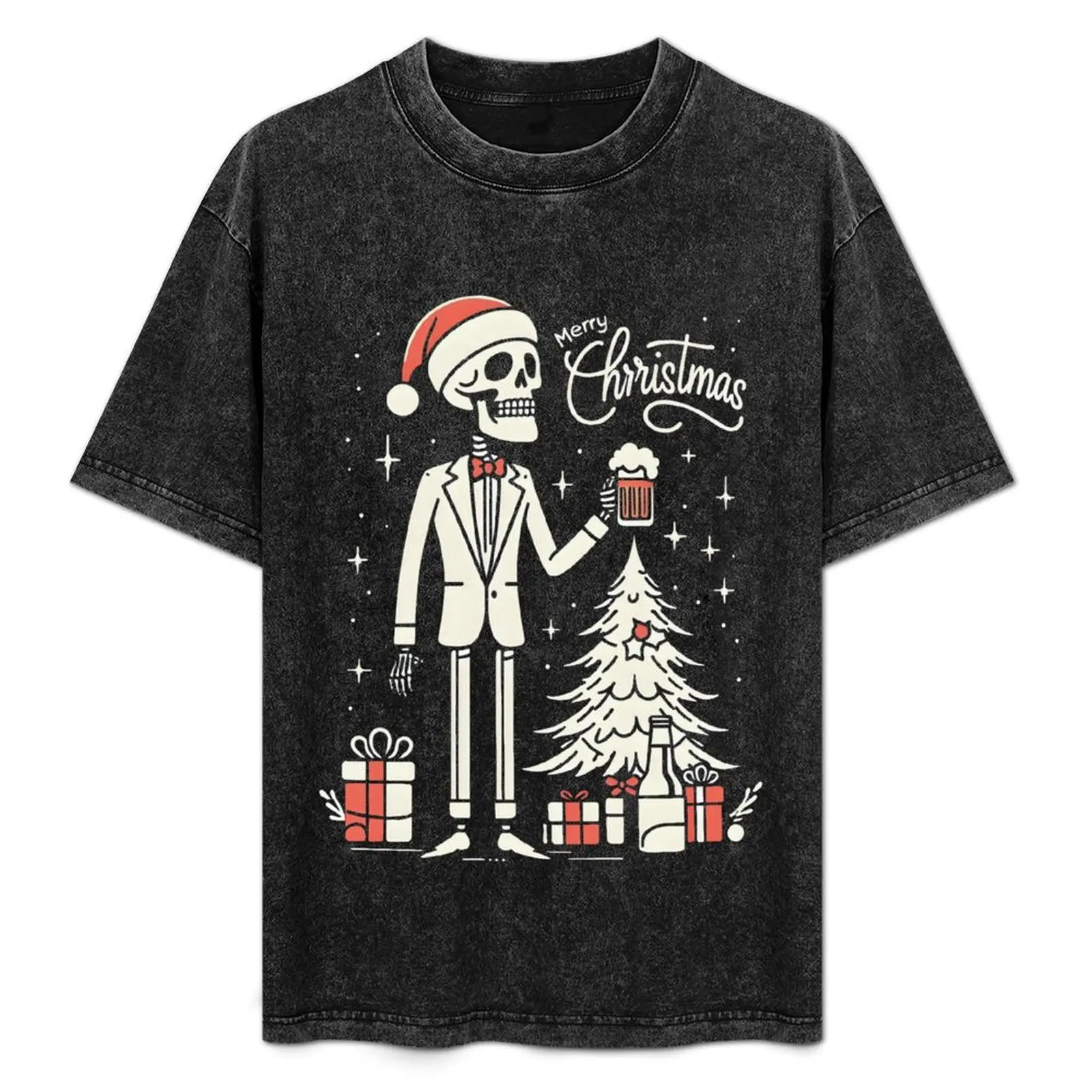 

Christmas Skeleton Drinking Beer T-Shirt Casual Simple Design Short Sleeve Shirt