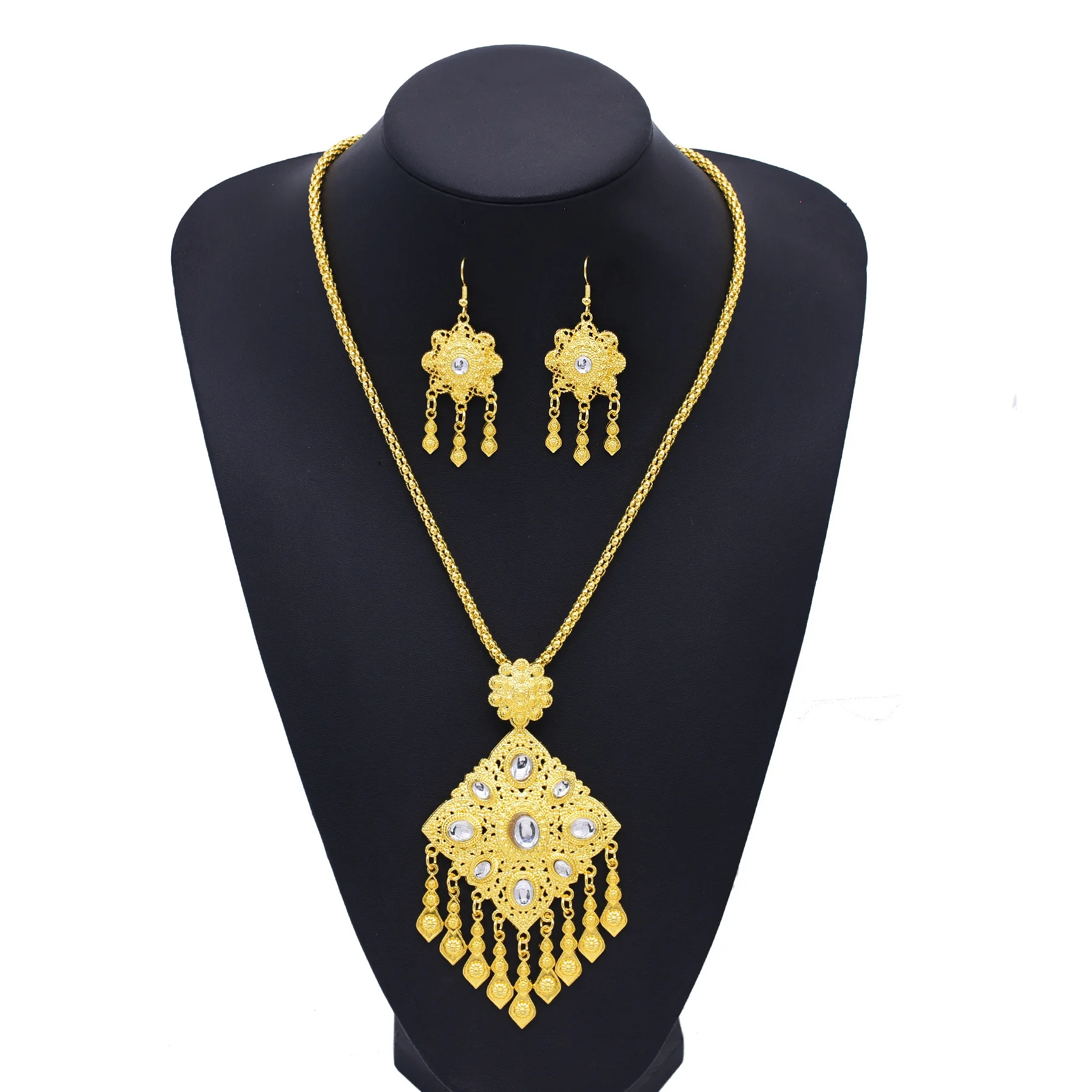 Traditional Thai Dai Ethnic Dress Necklace Earrings New Trending Gold Color Hollow Flower Square Pendant Jewelry Set Accessories