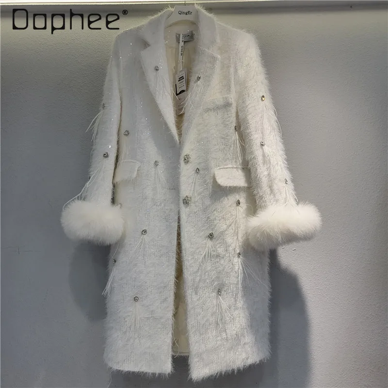 

2024 Winter Rhinestone Mink Down Liner Coats Women Suit Collar Sequined Fake Pocket Feather Jackets Warm Elegant White Black