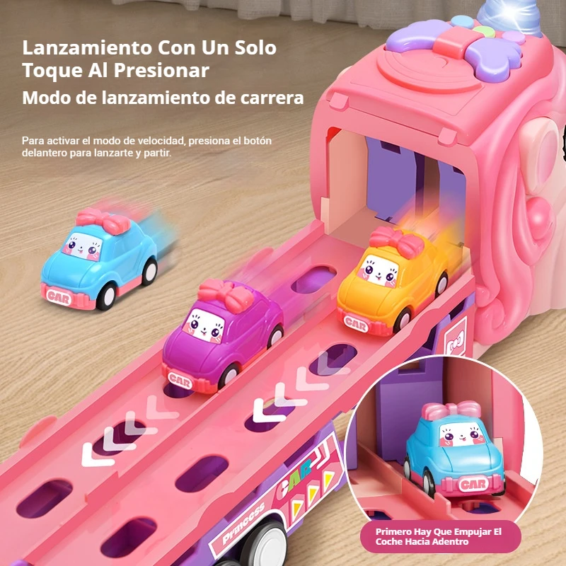Pink unicorn folding track car toy with lights, music, press and eject mini car, friction power transport car, children's gift