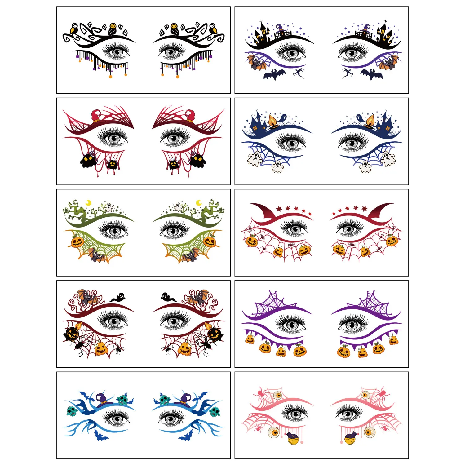 10 Halloween Temporary Face and Eye Tattoo Stickers, Colorful Bat, Ghost, Pumpkin, Skull Halloween Element Pattern Fake Tattoo Stickers, Waterproof Realistic Eye Corner Tattoos, Suitable for Halloween Parties, Role-Playing, and Quirky Makeup