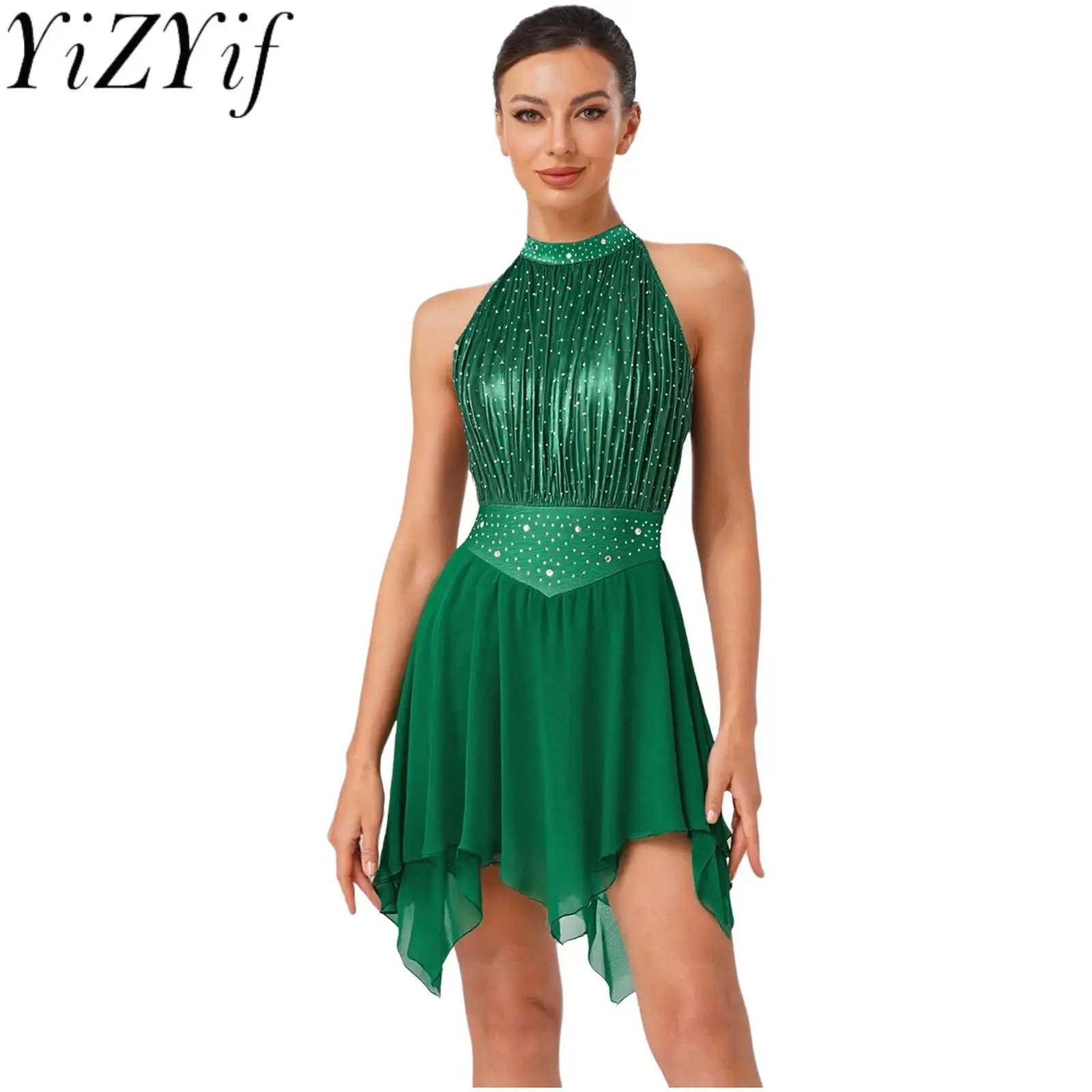 

Women Shiny Waltz Modern Dance Performance Dress Back Cutout High Waist Figure Skating Modern Contemporary Ballroom Dance Outfit