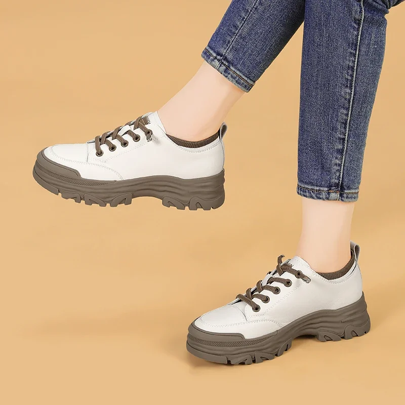 

Genuine Leather Sneaker Trekking Footwear New Women's Shoes Thick-soled Platform Low Top Shoes Leisure Casual Shoe Women Walking