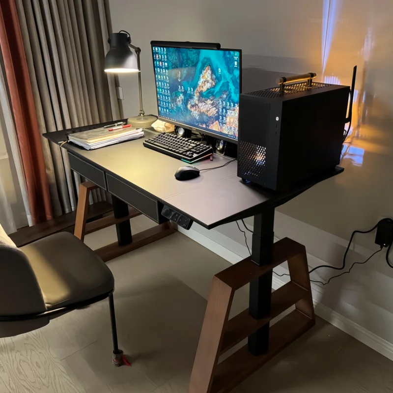Luxury Dual Motor Ergonomic Smart Quiet Lifting Height Adjustable Walnut Wood Executive Use Home Office Computer Gaming Desk