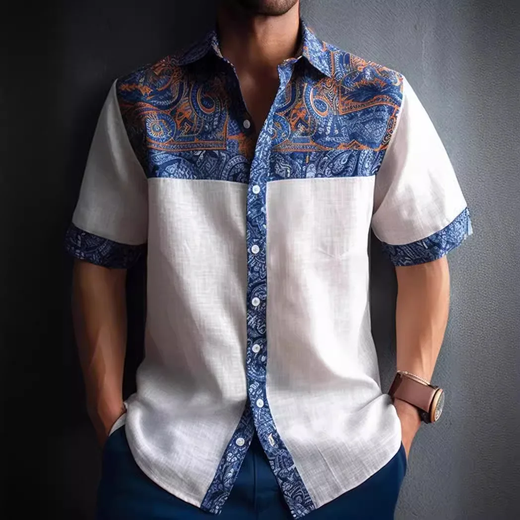 2025 New Men's Natural Print Ethnic Style 3D Printed Shirt Men's Lapel Short Sleeve Comfortable Breathable Casual Vacation Top