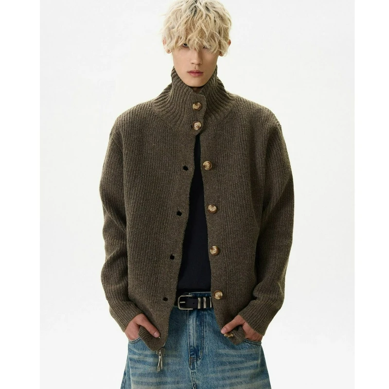 American Retro Button-up Stand-up Collar Cardigan Sweater Men's 2026 Autumn New Fashionable Laid-back Versatile Knitted Pullover