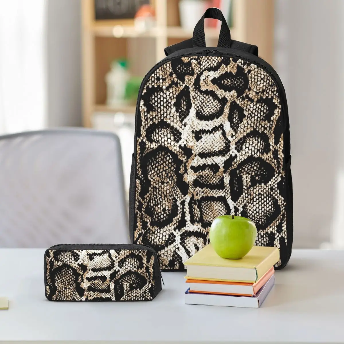 Snake Skin Backpack Boys Girls BookBag School Bag Shoulder Bags 3ps Insulated Lunch Bag Pencil Case