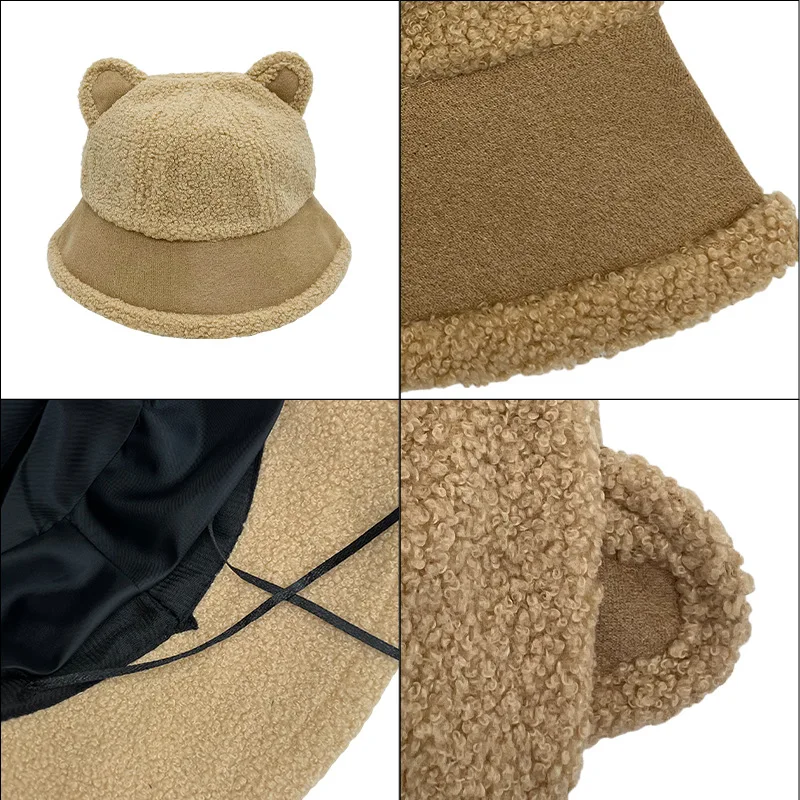 Autumn and Winter Cute Bear Ears Fisherman Hat Cartoon Windproof Warm Basin Hat Thickened Panda Hat Lamb Hair Bucket Cap