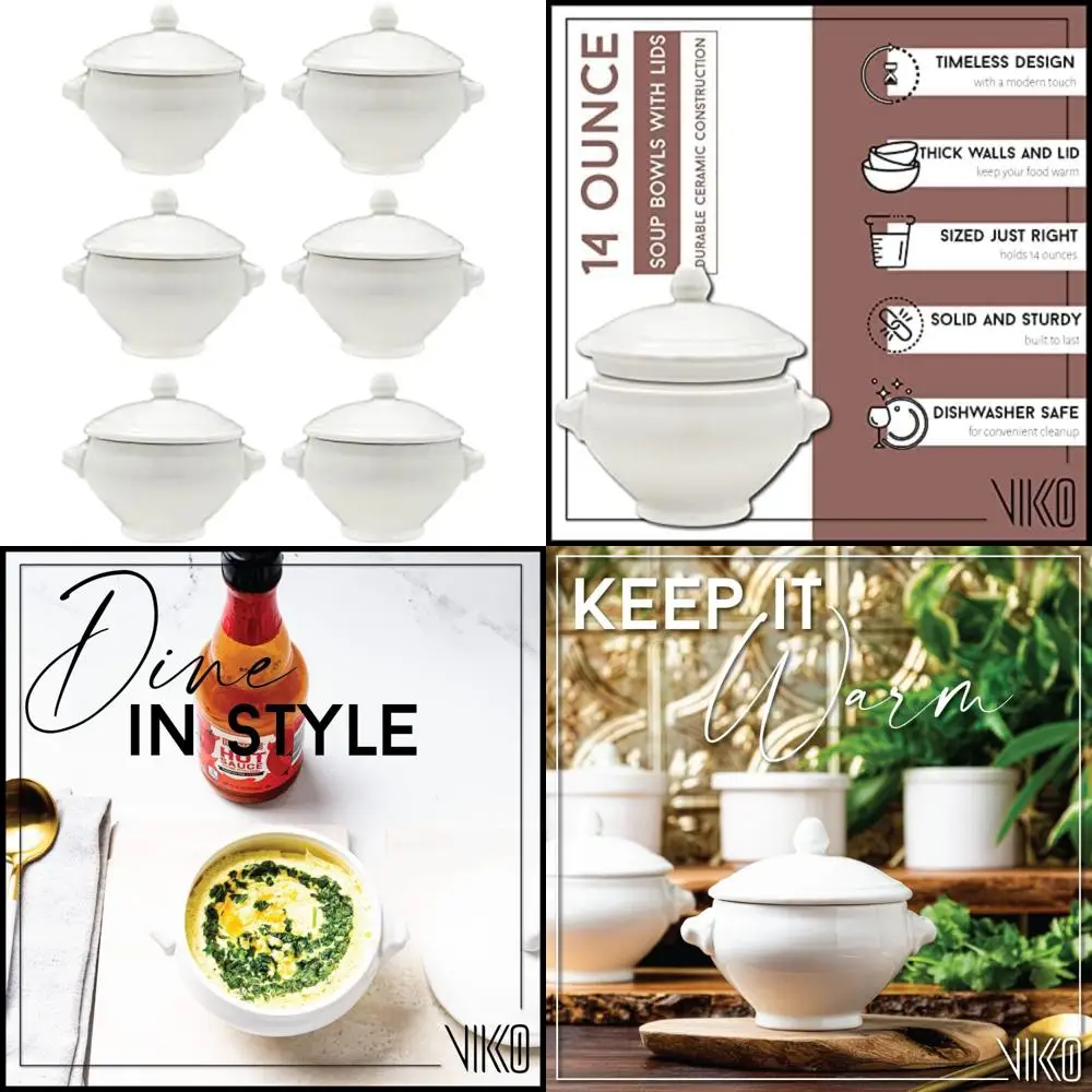 

14 Oz White Ceramic Soup Bowls with Lion Lids, Set of 6, Dishwasher Safe, Sturdy Design, Ideal for Serving Hot Soups and Stews