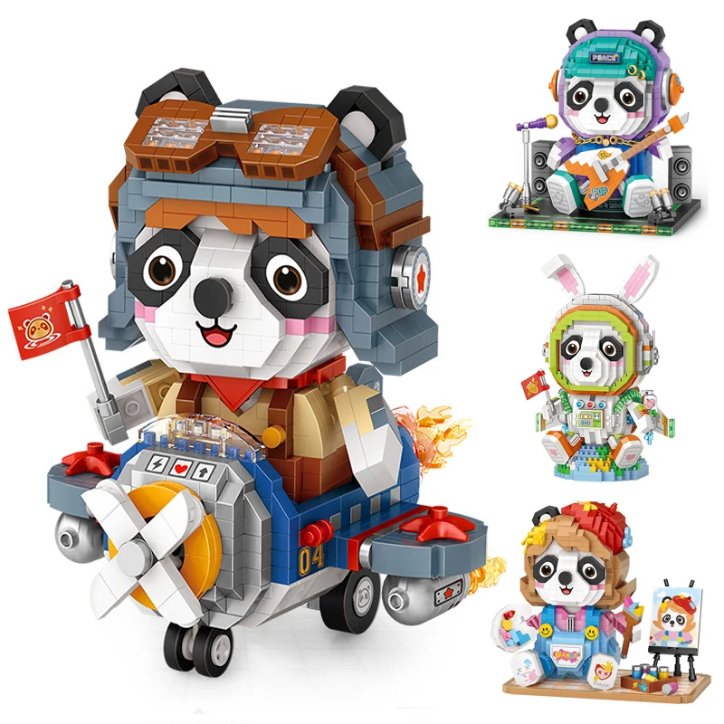 Cartoon Cute Doll Building Block Panda Pilot 3D Model Assembled Micro-particle Brick DIY Kids Educational Toy Holiday Gift
