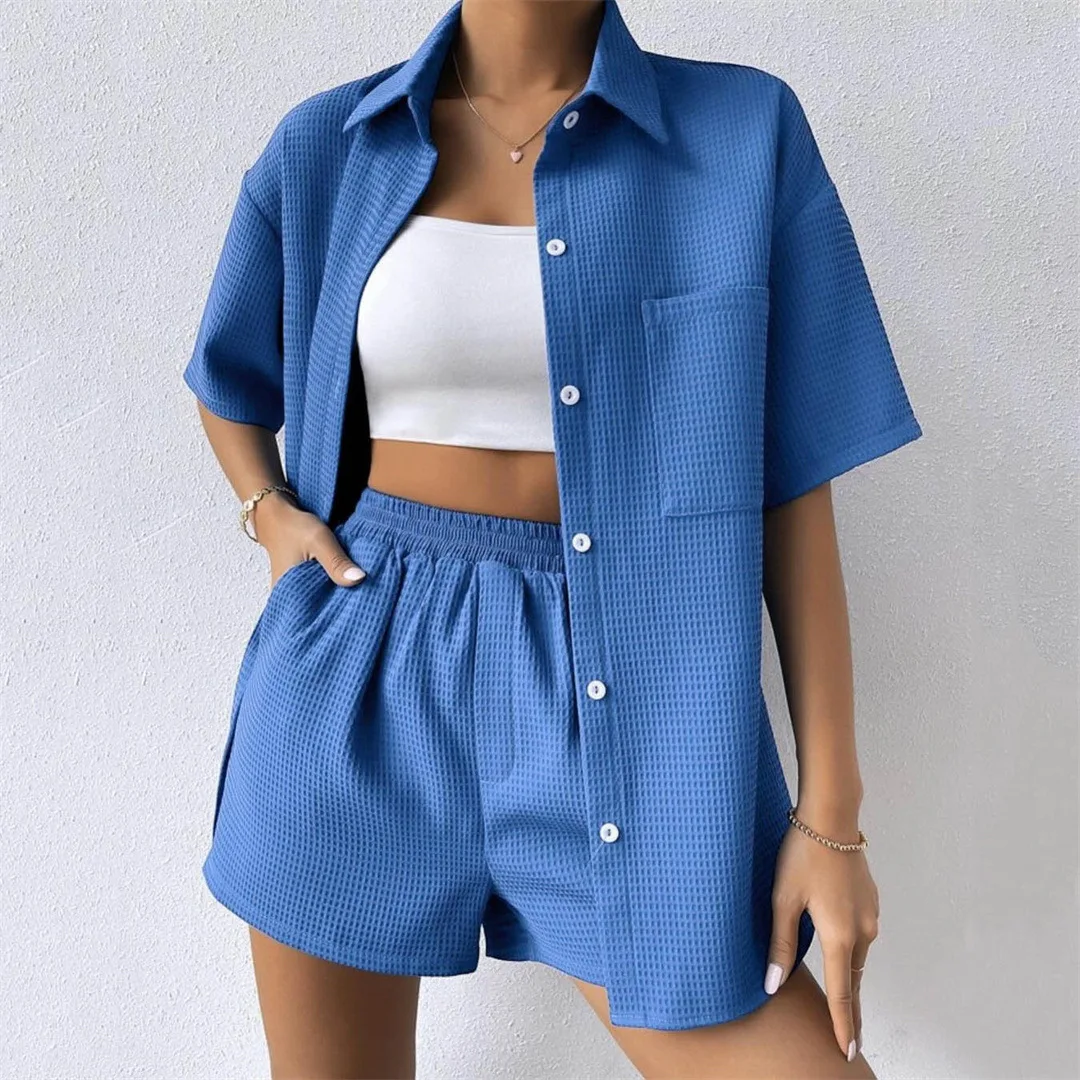 High Waist Shorts Suits Women\'s Clothes Summer Female Tops Turn Down Collar Short Sleeve Pockets Button Tops Casual 2 Pieces Set