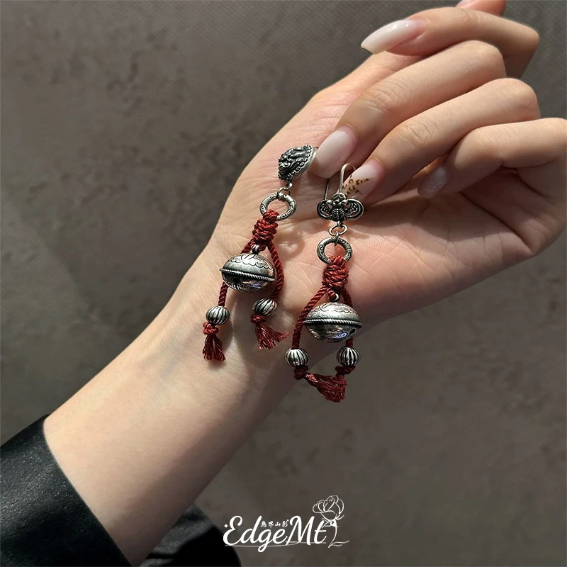 Ancient Style Chinese Pattern Bell Ear Hooks, Ethnic Personalized Design, Unisex Versatile Earrings