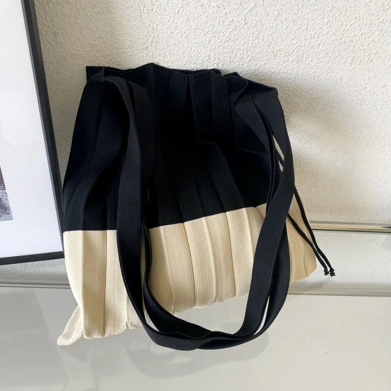 Korean Japanese INS Splicing Pleated Foldable Knitted Single Shoulder Bag Eco-friendly Shopping Bag Ladies Color Block Acris