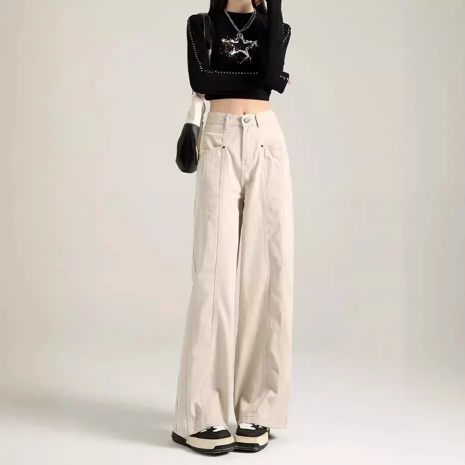 2024 Summer New Vintage High-waisted Loose-fit Straight-leg Wide-leg Casual Pants Women's Cracker Khaki Workwear Jeans